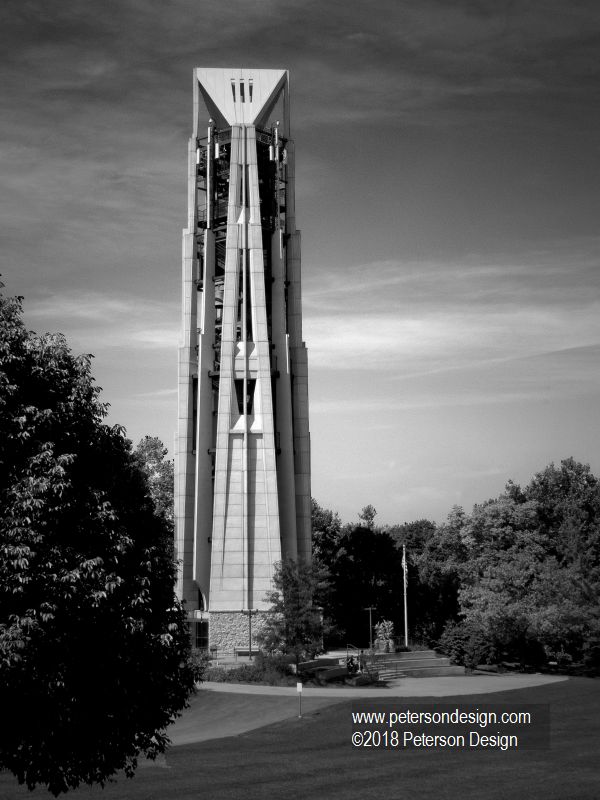 Black and White image of Naperville's Millennium Bell Tower